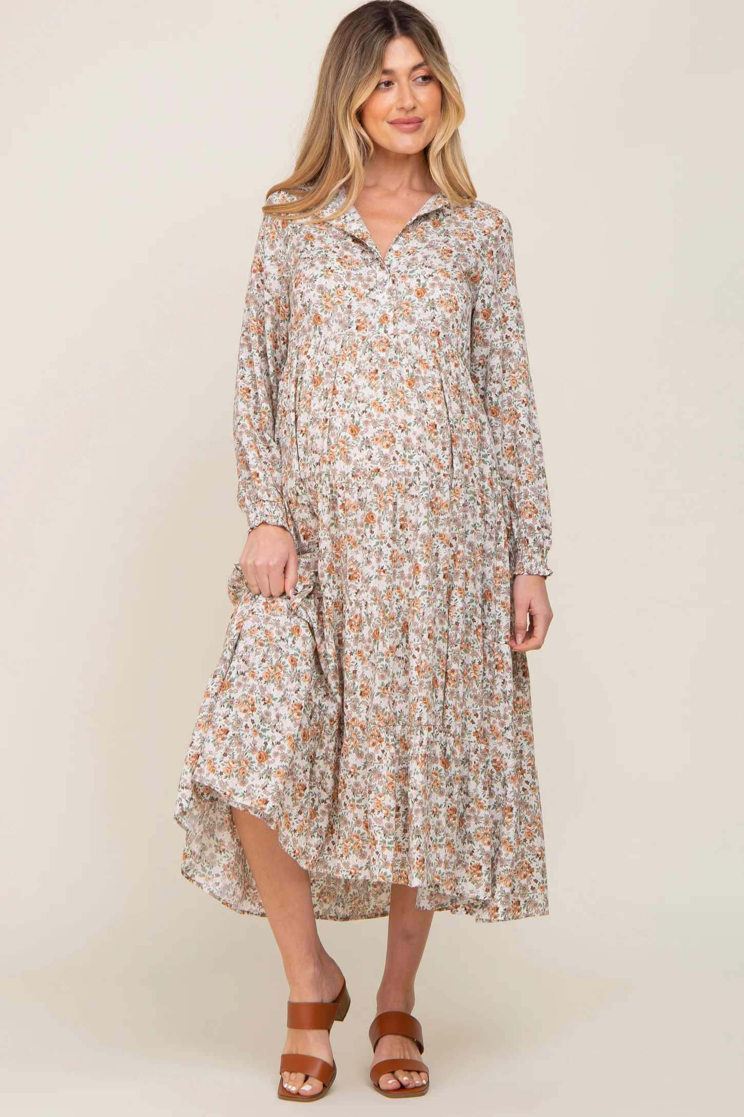 Beige Floral Button Front Long Sleeve Tiered Maternity Midi Dress | PinkBlush Maternity