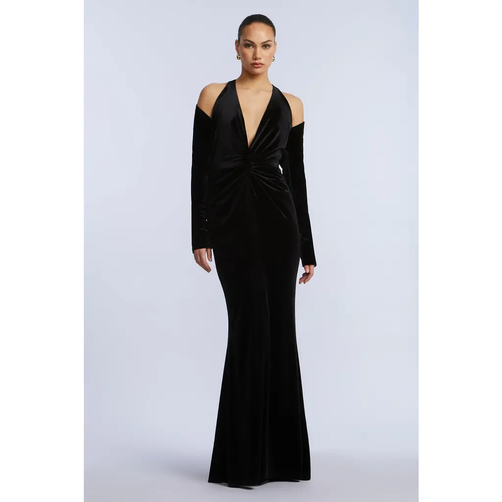 bcbg Long Sleeve Halter Velvet Gown in Black at Nordstrom, Size 6 | Nordstrom