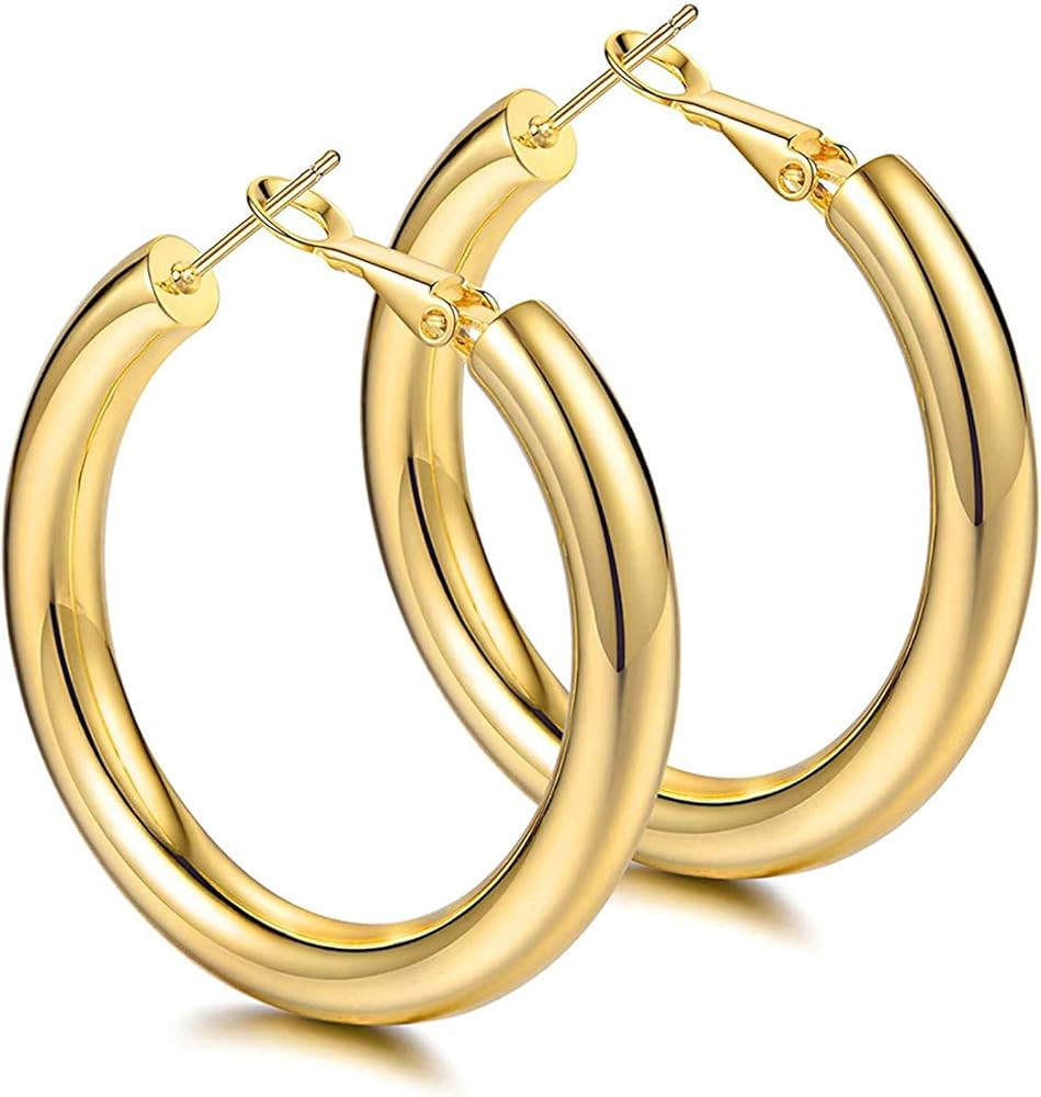 Thick Gold Hoop Earrings Lightweight Howllow Tube Hoops Chunky Gold for Women Hypoallergenic Big ... | Amazon (US)