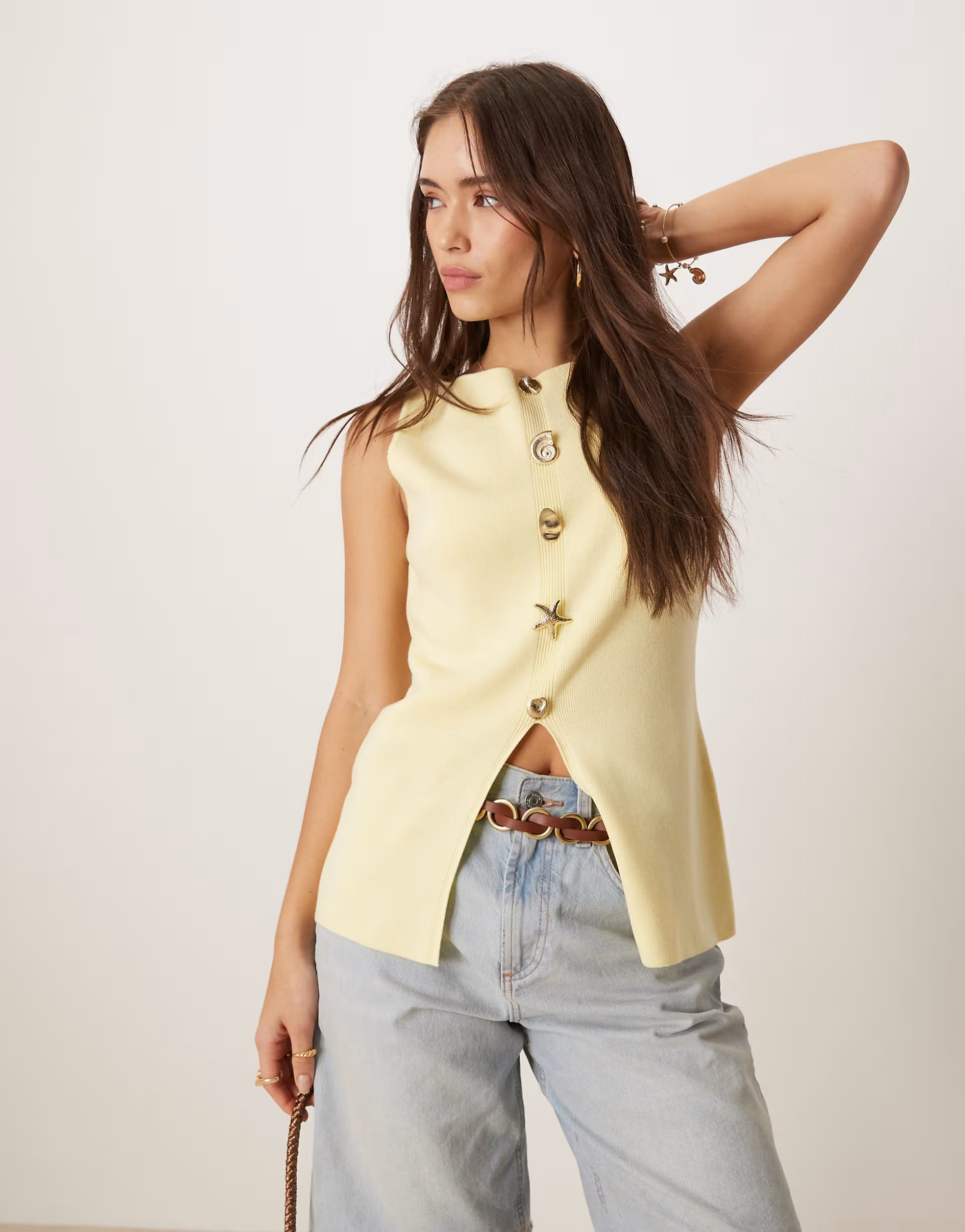 ASOS DESIGN knitted slash neck multi button waistcoat in buttermilk | ASOS (Global)