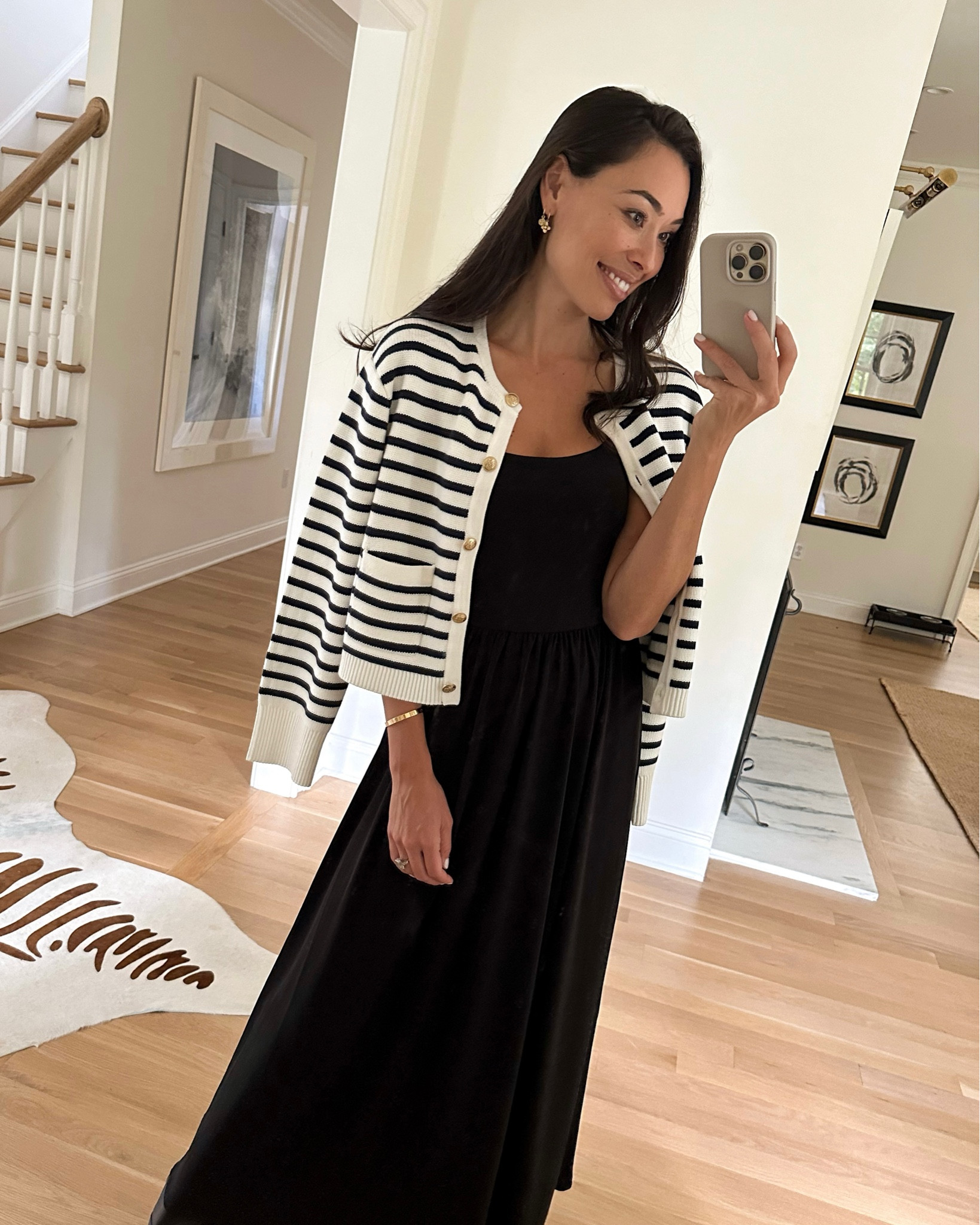 Kat Jamieson wears a black stretchy midi dress from @jcrew and a stripe cardigan. Fall outfit, workwear, classic style. #injcrew #ad 