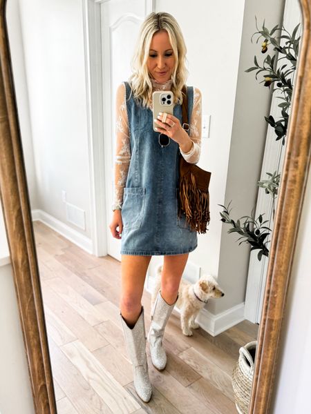 Amazon Trending Concert Outfit! I couldn’t help but do my version of this trending country concert look! This would be perfect for a festival, too! This denim dress is so cute and gives me Free People vibes! Wearing denim light blue in small. This lace top is on sale and not itchy! Wearing white in small. I’m obsessed with these sparkly cowboy boots which are surprisingly super comfy and affordable! They fit tts and other styles available!

Country concert outfit, summer dress, denim dress, cowboy boots, lace top, mom outfit, mom style, boho style, summer outfit, mini dress 

#LTKSeasonal #LTKFestival #LTKFindsUnder50