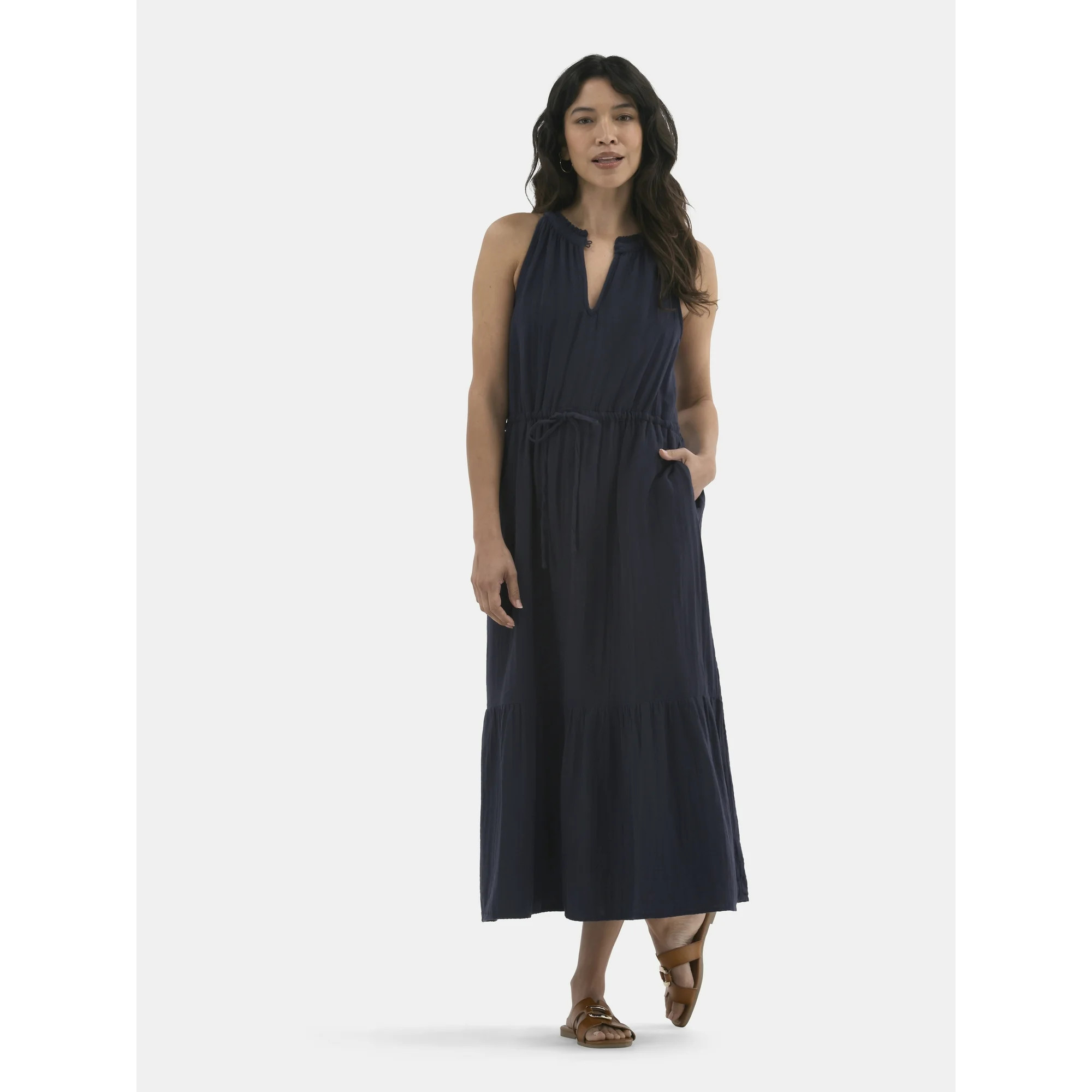 Time and Tru Women's Sleeveless Double Cloth Dress, Sizes XS-XXXL - Walmart.com | Walmart (US)