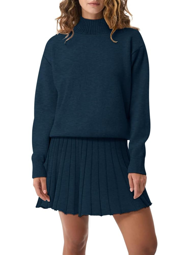 Women's Two Piece Outfits Turtleneck Long Sleeve Ribbed Knit Tops Pleated Mini Skirt 2025 Casual ... | Amazon (US)
