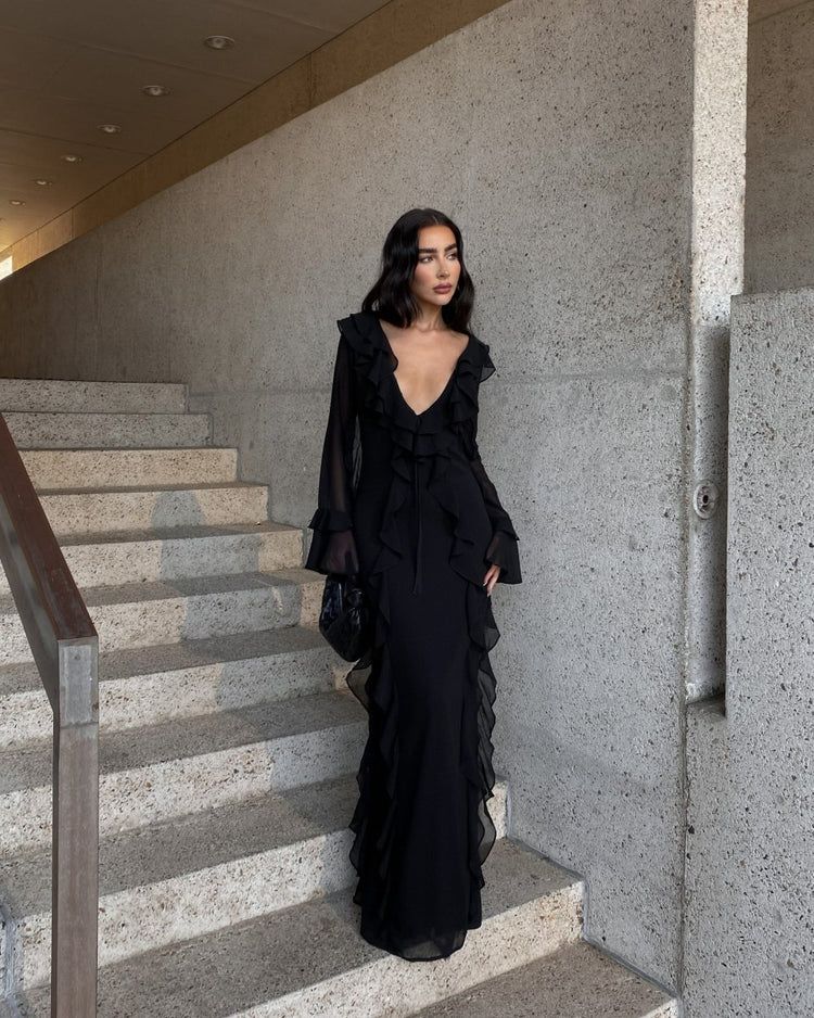 Black ruffle long sleeve maxi dress | Heiress Beverly Hills