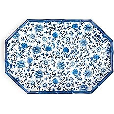 Two's Company Blue Floral Pattern Octagonal Serving Tray/Platter w/Bamboo Rim | Amazon (US)