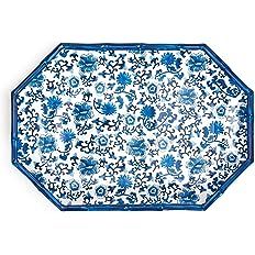 Two's Company Blue Floral Pattern Octagonal Serving Tray/Platter w/Bamboo Rim | Amazon (US)