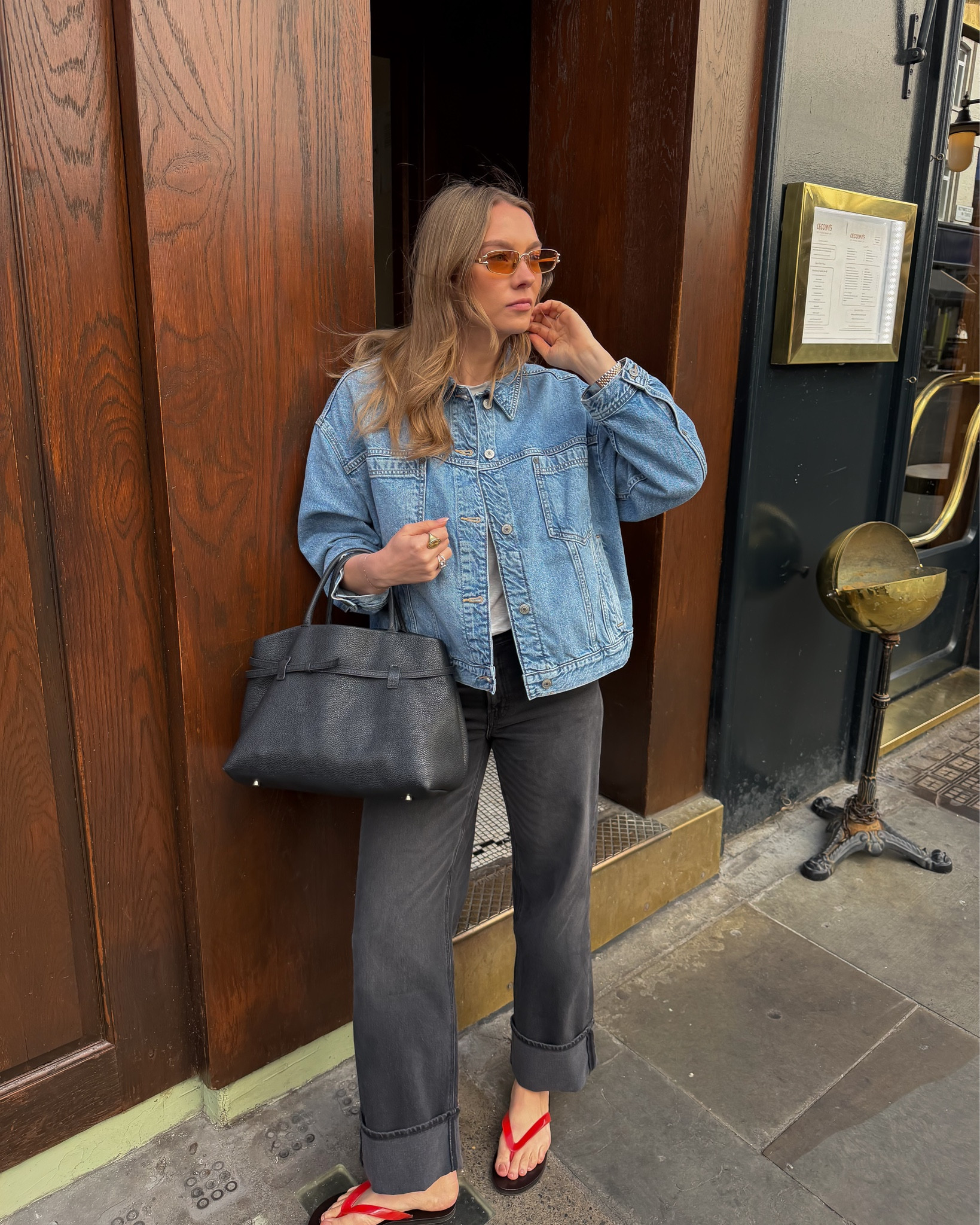 There’s a new denim cool kid on the block ad 

Large in the swing denim jacket 
Size 28 in the black jeans 
Small in the grey tshirt 