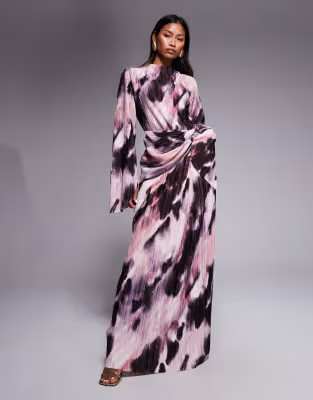 ASOS DESIGN plisse drape long sleeve maxi dress in pastel blurred print | ASOS (Global)