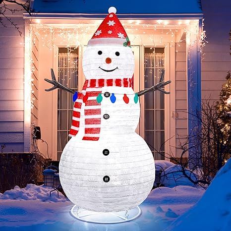 Snowman Christmas Decorations Outdoor, 4FT Collapsible Lighted Christmas Snowman with Necklace Ba... | Amazon (US)