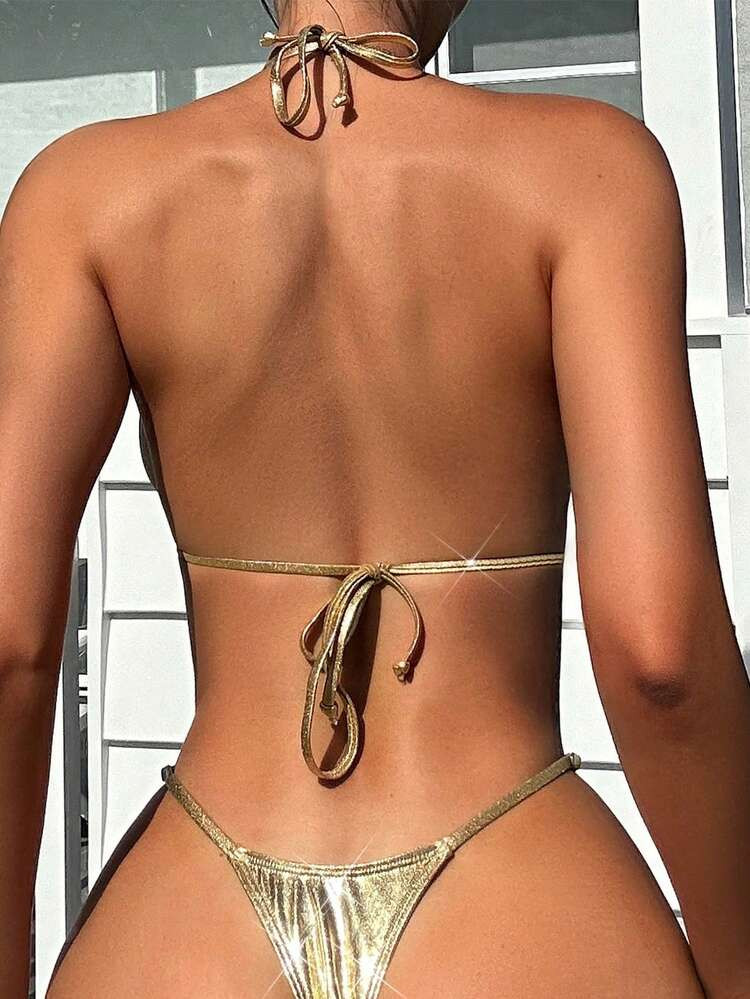 Swim SXY Summer Beach Women's Halter Metal Material Thong Bikini Set | SHEIN