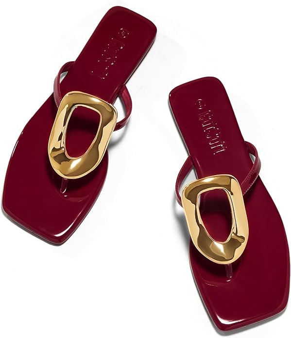 Women's Flat Sandals Summer Square Toe Flip Flops Comfortable Beach Flats Slip on Metal Decoratio... | Amazon (US)