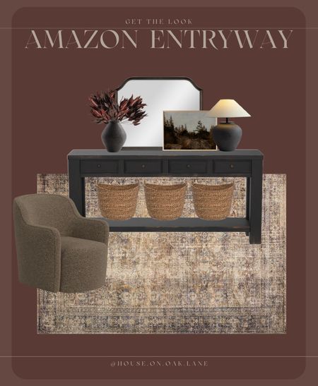 Amazon front entryway 

Affordable brown swivel chair vintage style soft high pile rug black console table arched mirror table lamp jug black brown moody tree art print burgundy dried stems 

#LTKfindsunder100 #LTKhome #LTKstyletip