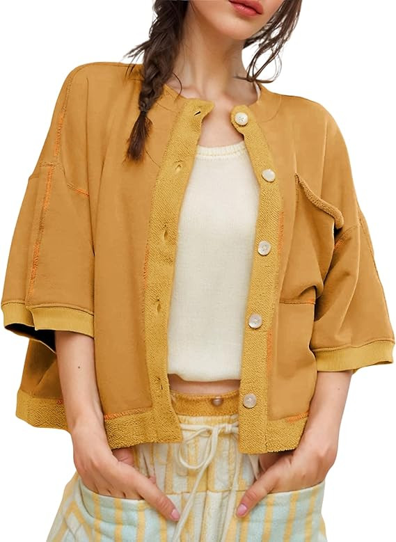 QIBABU Womens Button Down Cardigan Casual Open Front 3/4 Sleeve Crewneck Sweatshirt Tops | Amazon (US)