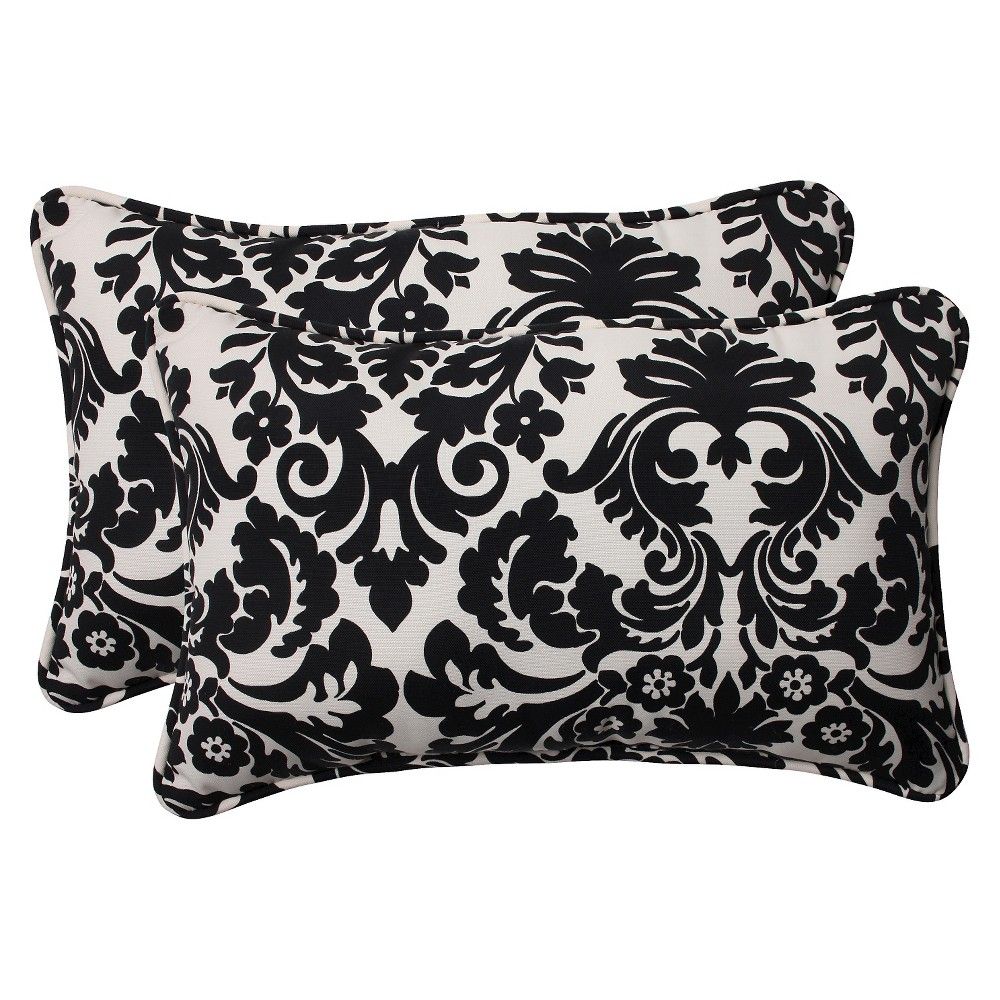 2-Piece Outdoor Lumbar Pillow Set - Black/White Floral 18"", Adult Unisex, White Black | Target