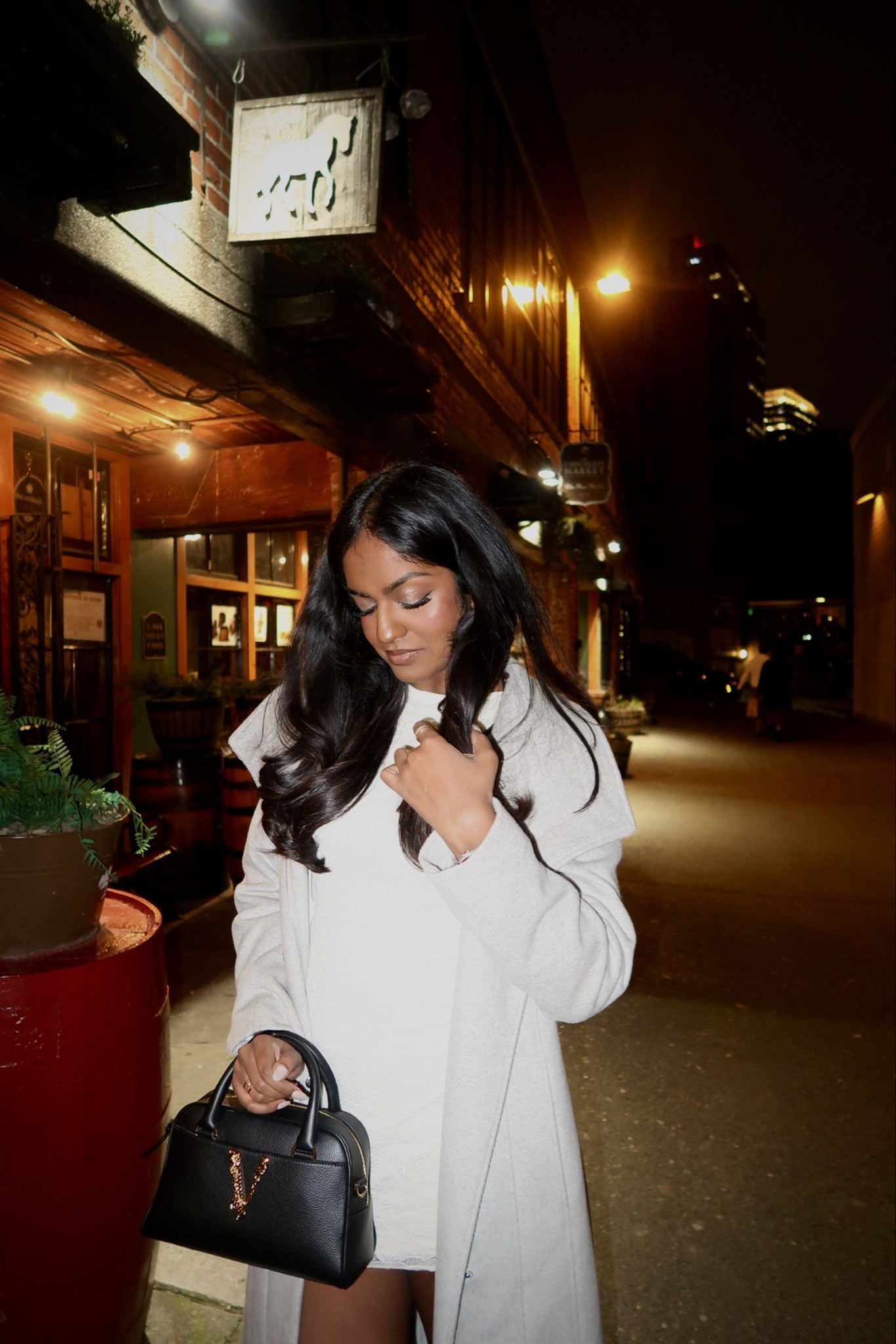 The perfect date night dress! So romantic and cute. This is one of my favorite coats and it keeps me so warm. These heels are also so comfortable and easy to walk in. I couldn’t find the exact link but I found a similar one. The Versace bag was a limited edition I found resellers of the exact one, but linked similar ones below.

#LTKstyletip #LTKshoecrush #LTKbeauty