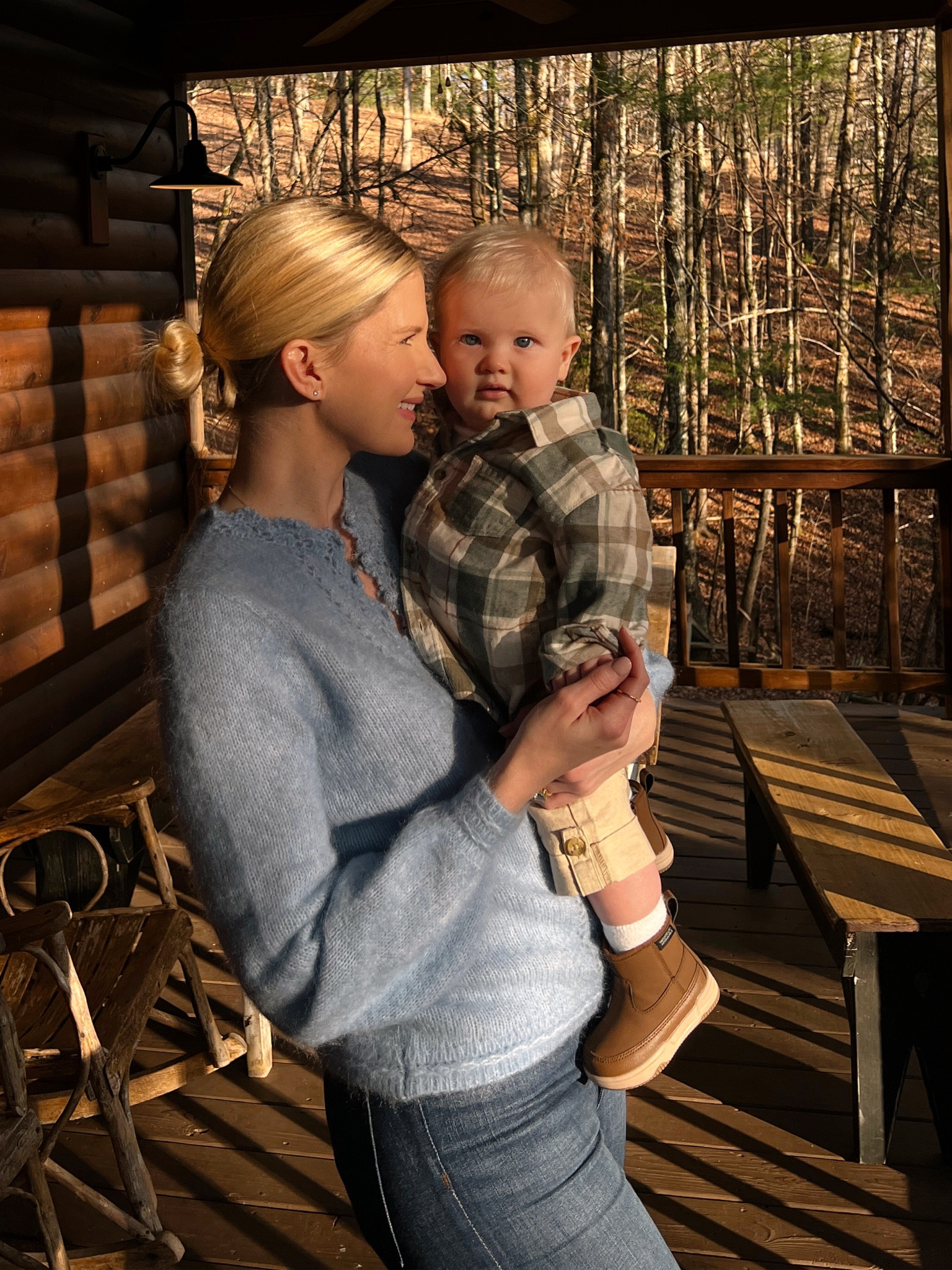 Blue cardigan, in a size xs. Blue baby plaid shirt and all weather boots. #sezane #hm 

#LTKfamily #LTKSeasonal #LTKbaby