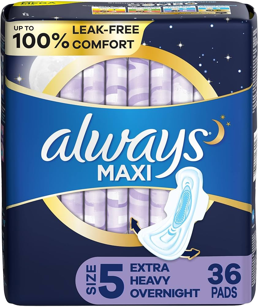 Always Maxi Feminine Pads for Women, Size 5 Extra Heavy Overnight Absorbency, with Wings, Unscent... | Amazon (US)