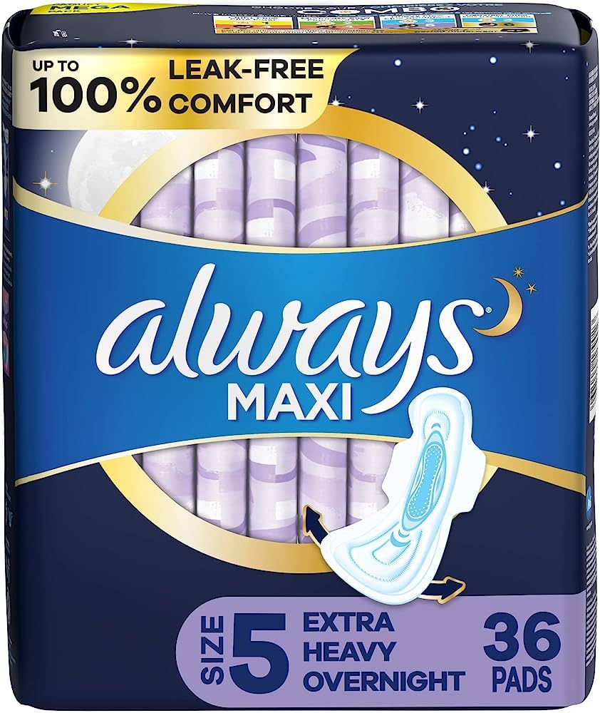 Always Maxi Feminine Pads for Women, Size 5 Extra Heavy Overnight Absorbency, with Wings, Unscent... | Amazon (US)