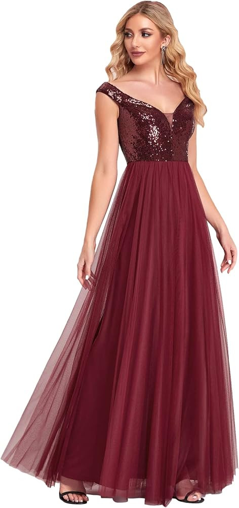 Ever-Pretty Women's V Neck Sleeveless Off The Shoulder Empire Waist A Line Floor Length Tulle Seq... | Amazon (UK)