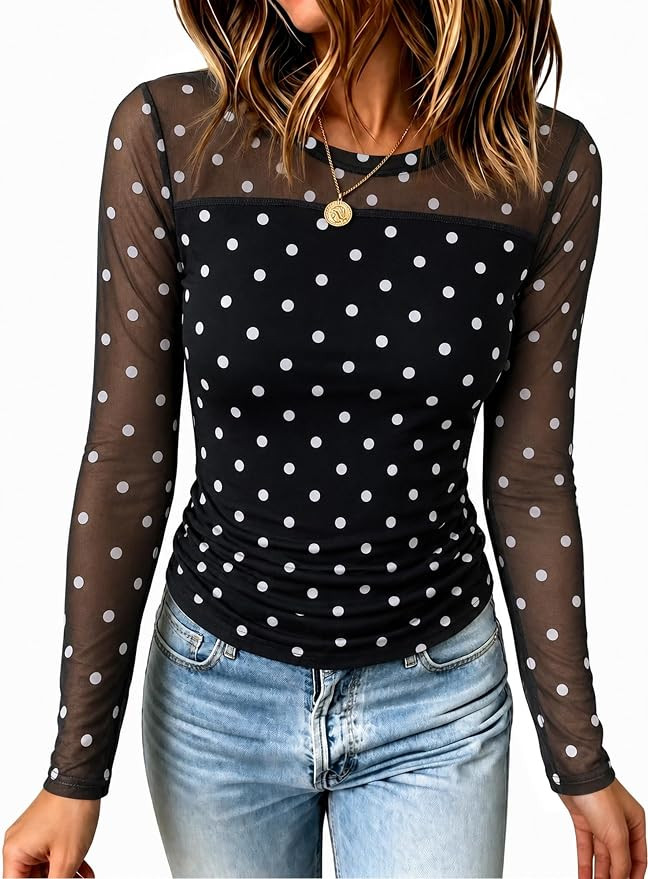 Tankaneo Womens Polka Dot Mesh Long Sleeve T-Shirt Y2K Sheer Going Out Tops | Cute Mesh Top, Flor... | Amazon (US)