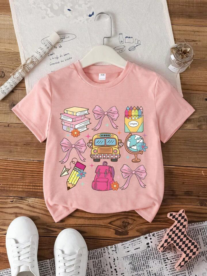 Young Girl's Cartoon And Bowknot Print Round Neck Short Sleeve Tee Spring And Summer Casual T Shi... | SHEIN