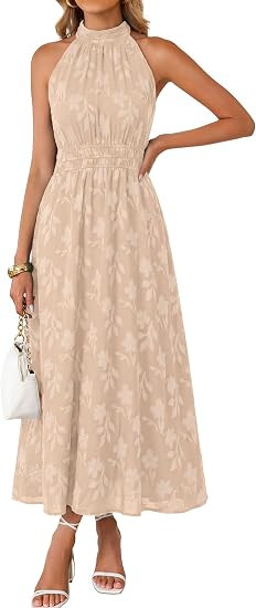 Simplee Womens Summer Halter Maxi Dress Boho Floral Wedding Guest Dress Flowy Sleeveless Long Sun... | Amazon (US)