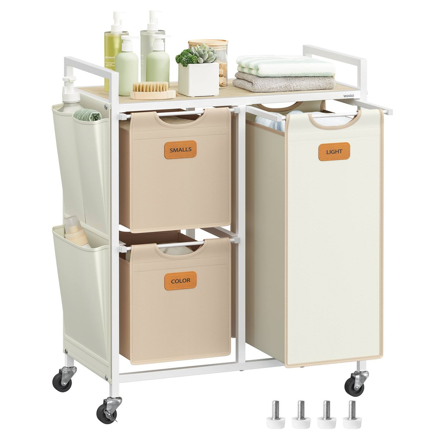 Songmics Home - Laundry Hamper with 3 Compartments, 100 L, Rolling Laundry Cart with Shelves, Removable Liners, 6 Labels, Natural Beige - Camel Brown and Cream White | Best Buy U.S.