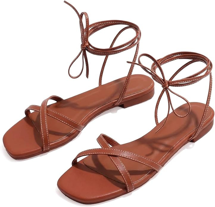 Strappy Flats Sandals for Women Comfortable Square Toe Lace Up Slides Beach Gladiator Wrap Sandal... | Amazon (US)