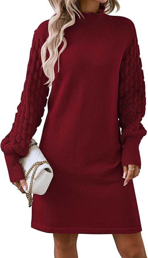 Sovoyontee Women's 2023 Fall Long Sleeve Mock Neck Sweater Dress Casual Loose Ribbed Knit Mini Sh... | Amazon (US)