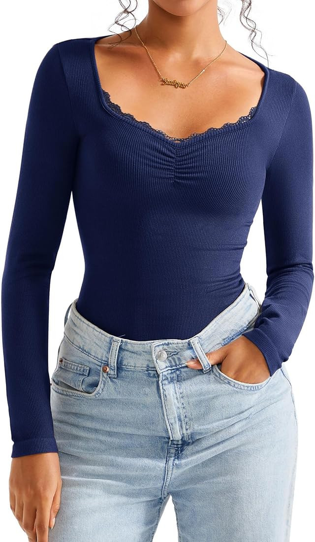 SUUKSESS Women Sweetheart V Neck Long Sleeve Tops Lace Trim Ribbed Modal Fall Going Out Shirts | Amazon (US)