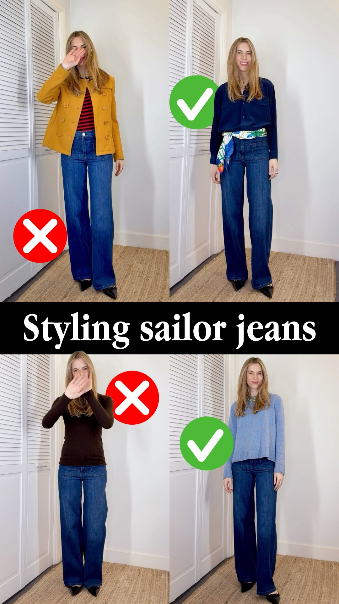 I’m wearing

Frame Le Slim Palazzo Bardot Pocket in Thunderstorm, size 26

Banana Republic The Boxy Crop Shirt, white, small

Quince Mongolian Cashmere Boxy Crewneck Sweater ($80) in faded denim, size small

Quince 100% Yak Wool Turtleneck Sweater, Heather Brown, size small

Nili Lotan Reine belt 245 25mm emboss black, size 80

Stuart Weitzman Landon Pointed Toe Ballet Flat, black, size 38.5 (OOS, see alts here)

I have and LOVE the J.Crew High-rise sailor denim trouser in 1996 semi-stretch, Dani Beca wash, size 25 - sized down for it  

#LTKworkwear #LTKWatchNow 

#LTKFindsUnder50 #LTKStyleTip #LTKShoeCrush