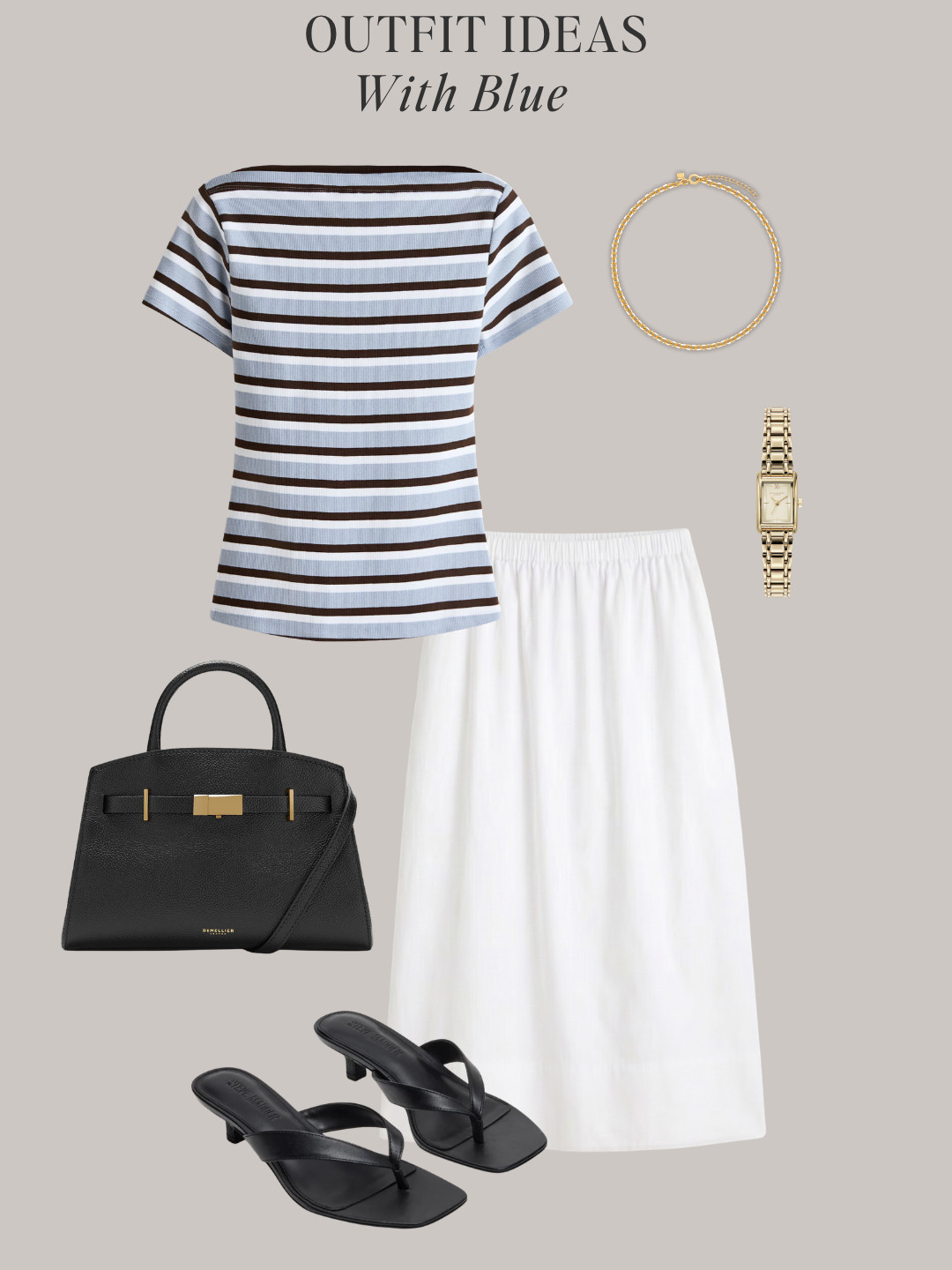 8 outfit ideas with light blue For summer ✔️ All-non light blue color clothes, shoes and accessories are in the Minimal Chic Summer 2026 capsule wardrobe.  

button vest, tailored shorts, slide sandals, sleeveless top, white midi skirt, slingback flats, blue button-down shirt, bermuda shorts, thong sandals, striped vest, linen shirt, tailored pants, white tee, black skirt, straw raffia sandals, tank dress, linen blazer, polo top

#quietluxury #styleguide #effortlesschic #lightblue #summeroutfits 

 