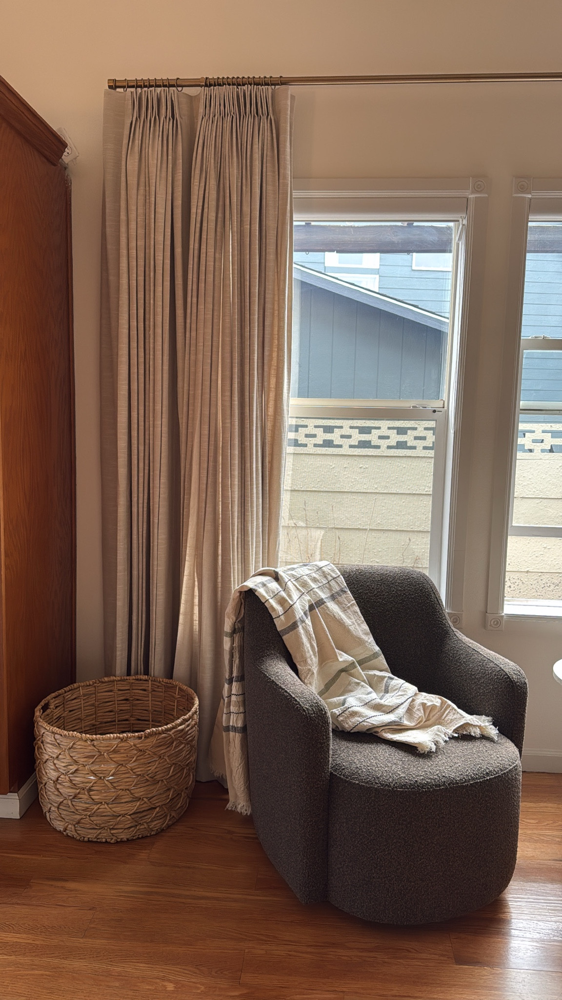 Loving our new curtains! They are from Two Pages. They are the Jawara Luxury Linen Cotton Curtain Single Pleat in the Oatmeal color. I decided on no lining since they are in my living room and they let in the perfect amount of light. I got the ones that are already trained as well!! 
Also linked the swivel chairs. The large basket is old from TJ Maxx. 

#LTKHome