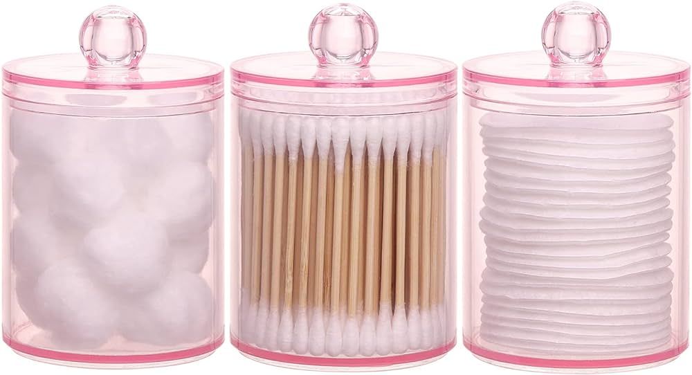Tbestmax 3 Pack Cotton Swab Ball Pad Holder, 10 Oz Qtip Apothecary Jar Pink Makeup Organizer, Bat... | Amazon (US)
