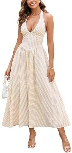 Parthea Women's Summer Midi Dress Smocked Gingham Halter V Neck Sundress Elegant Flowy A Line Bea... | Amazon (US)