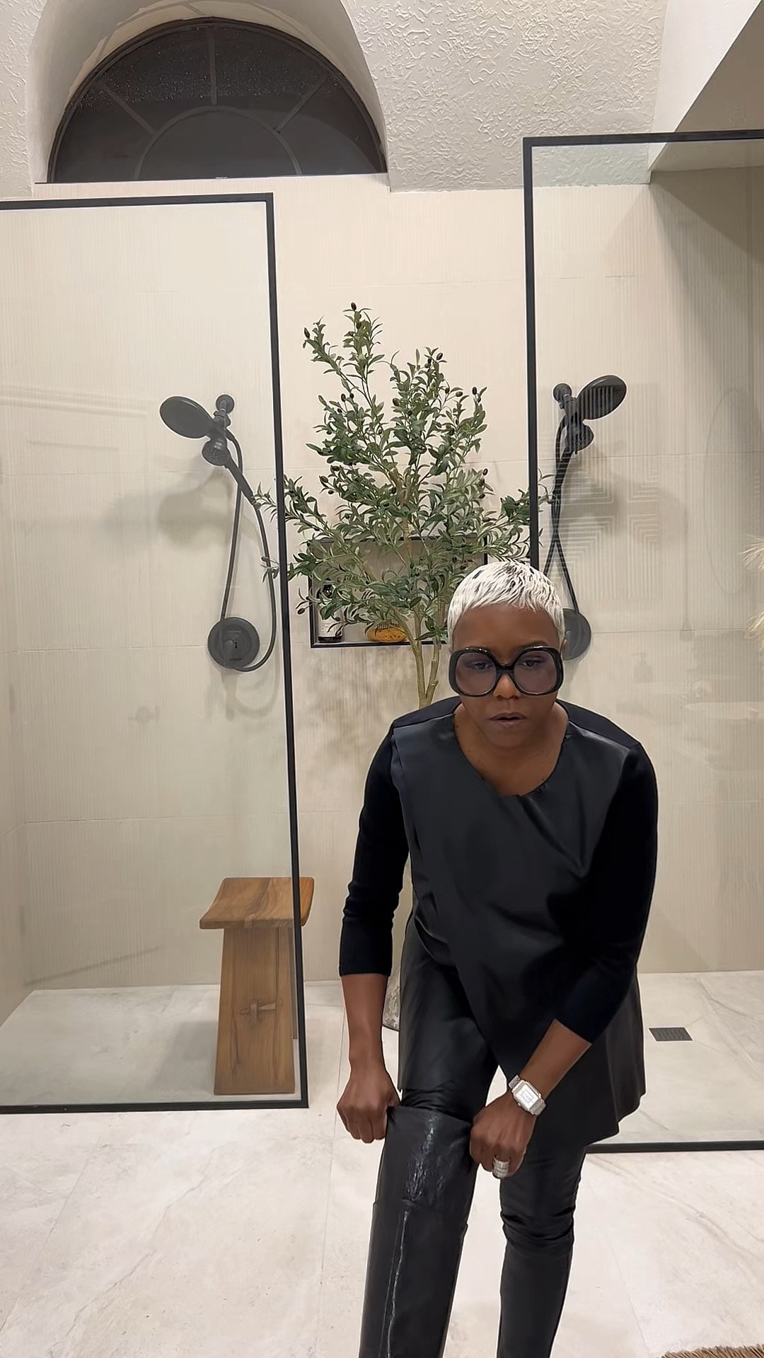 Faux leather and Sherpa vest
Patent leather gloves linked