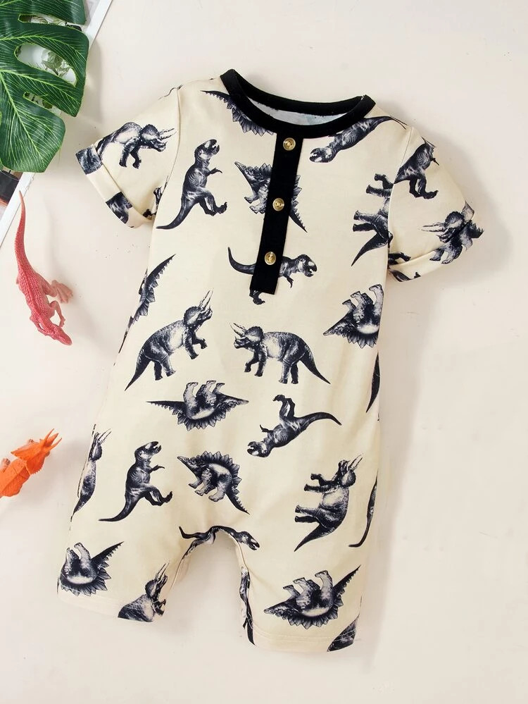 Baby Dinosaur Print Contrast Binding Romper | SHEIN