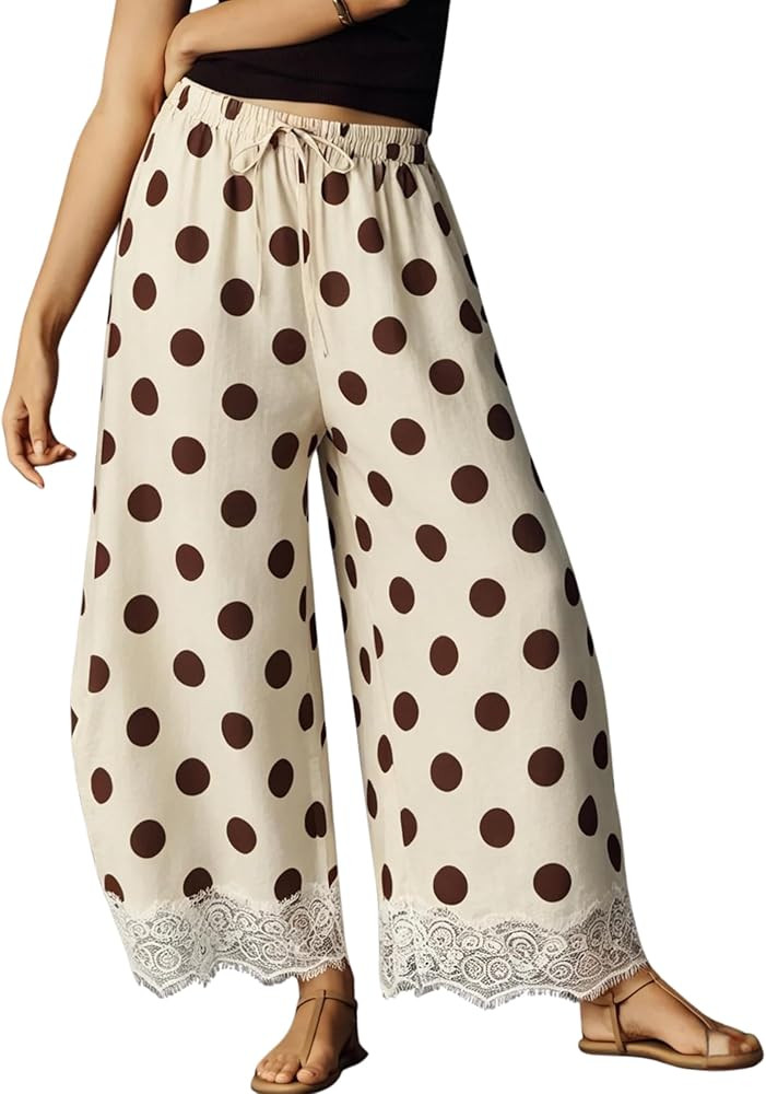 Athlisan Womens Polka Dot Wide Leg Palazzo Pants High Waisted Summer Lace Trim Cropped Baggy Trou... | Amazon (US)