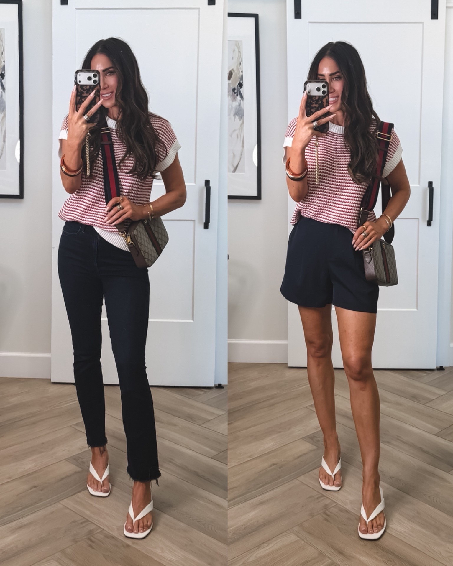 Memorial Day outfit idea. Lightweight sweater sz small, jeans and shorts sz small or 25. Convertible best selling Gucci bag. These sandals have the most comfortable footbed and are a steal! They run true to size 
White kitten heel sandals  

@Fitory 
#LTKootd #LTKSeasonal #LTKOver40

#LTKU #LTKmomlife