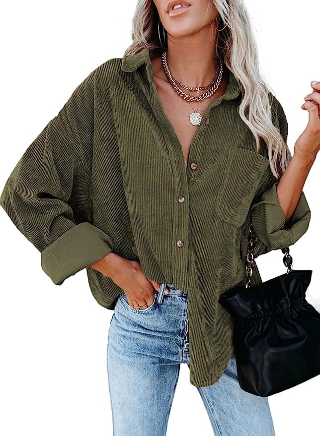 Astylish Women Corduroy Shirts Casual Long Sleeve Button Down Blouses Top | Amazon (US)