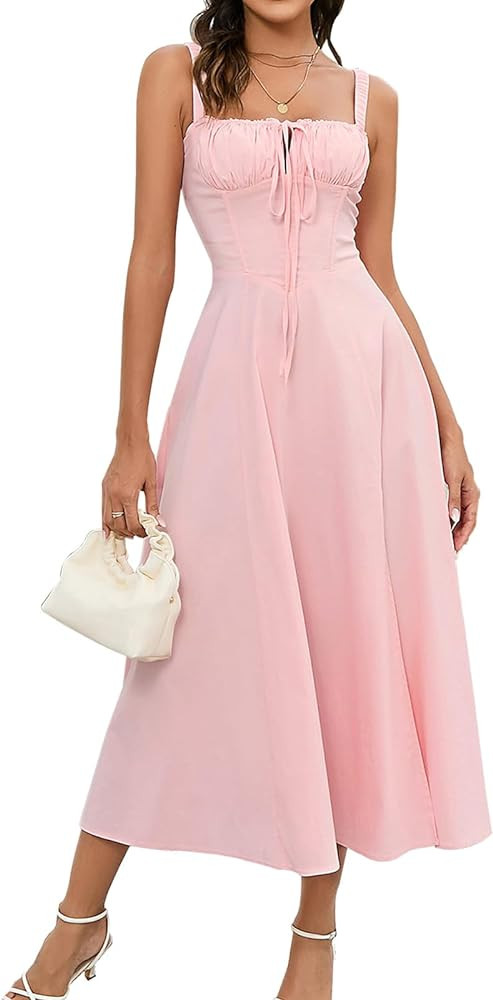 GLNEGE Women's Summer Boho Midi Dresses Casual Corset Flowy Graduation Square Neck Dress Lace Up ... | Amazon (US)