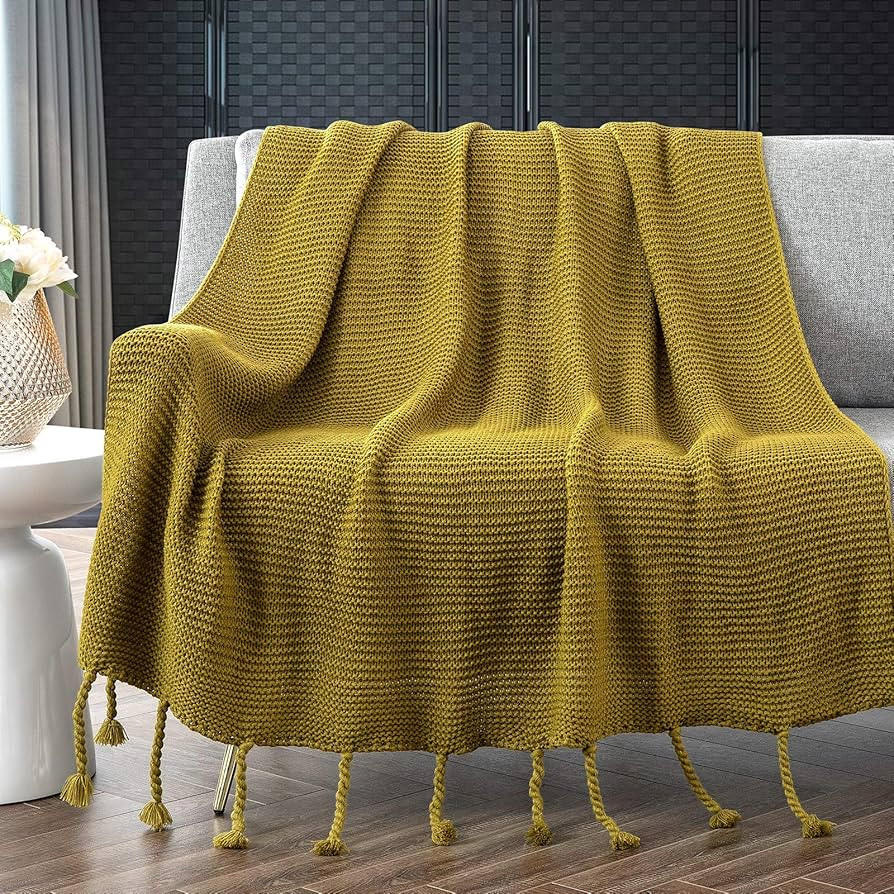 Knitted Throw Blanket with Fringe, Mustard Green Knit Throw Blanket for Couch Bed Sofa 50" x 60" | Amazon (US)