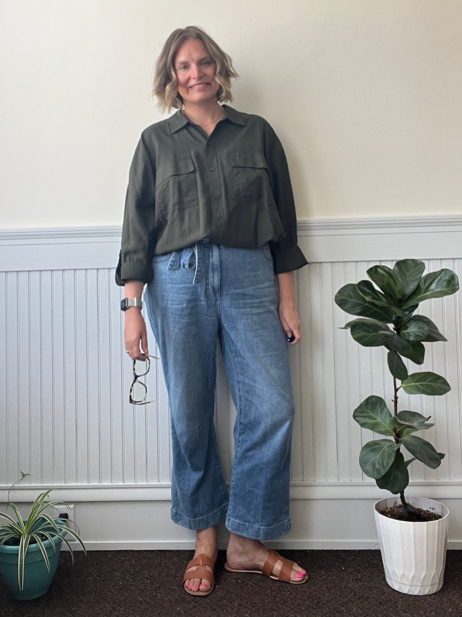 Outfit formula: green button down top, paper bag jeans and sandals

#LTKstyletip #LTKSeasonal #LTKworkwear