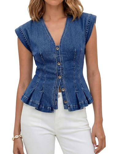 Tankaneo Womens Denim Vests Tops Summer Casual Y2k Fitted Pleated Jean Tops | Amazon (US)