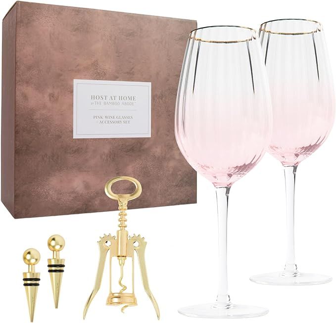 The Bamboo Abode Pink Wine Glasses Gift Set of 2 with Gold Wine Accessories | Mother's Day Gifts ... | Amazon (US)