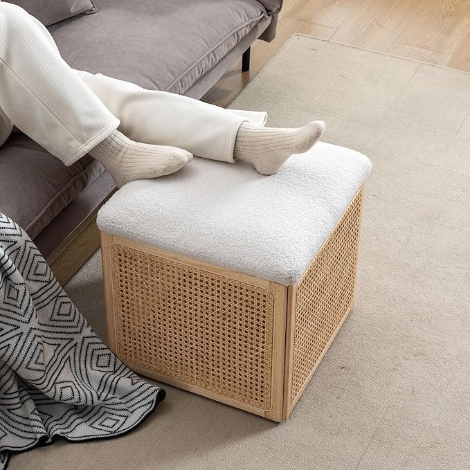 Ottoman with Storage, 19'' Square Foot Rest with Rattan Mesh and Sherpa Lid, Cane Webbing Cube Fo... | Amazon (US)