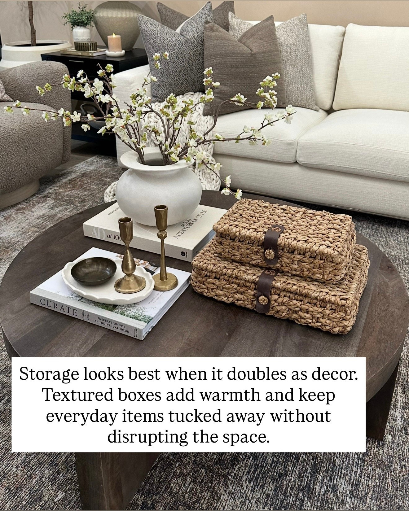 Designer-Inspired Coffee Table Storage That Doubles As Decor
Follow @farmtotablecreations on Instagram for daily home styling ideas and designer-inspired finds.

Storage pieces that blend right into your decor are always a win. Textured woven boxes add warmth, balance, and function while keeping everyday essentials neatly tucked away. Layered with books, soft florals, and warm metals, they help a coffee table feel intentional, curated, and finished without competing with the rest of the space.

#coffeetable #coffeetablestyling #storageboxes #wovenboxes #livingroomdecor #neutraldecor #homedetails #decorinspo #livingroomfurniture #cozyhome #interiorstyling

#LTKFindsUnder50 #LTKHome #LTKSaleAlert