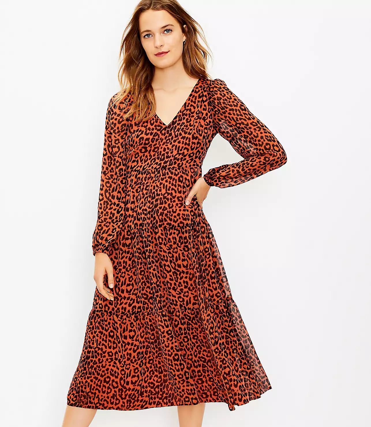 Leopard Print Tiered V-Neck Midi Dress | LOFT