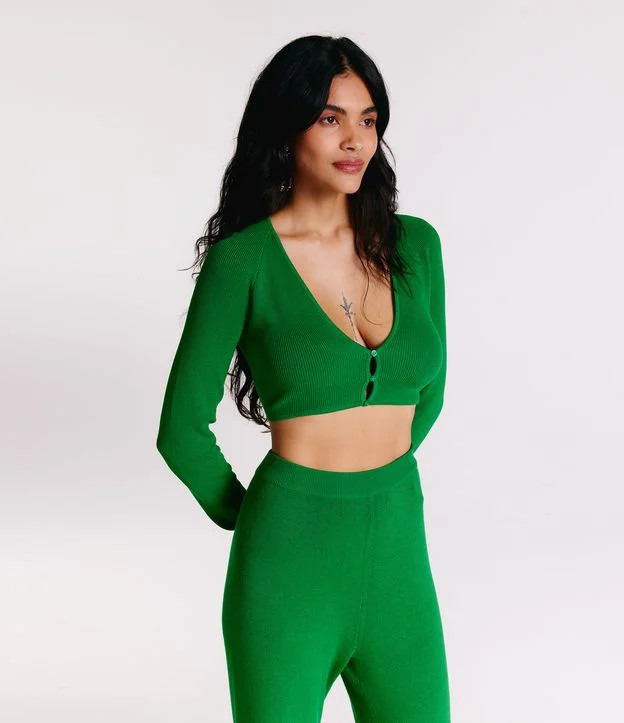 Blusa Cropped em Tricô com Mini Botões Verde | Renner (BR)